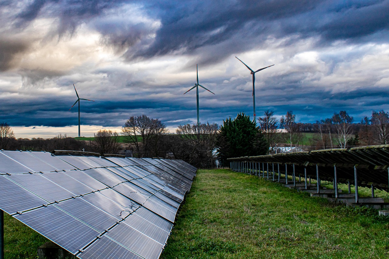 solar panel, solar energy, pinwheels, renewable energy, green power, energy transition, solar park, nature, photovoltaic, clouds, autumn sky, power generation, environment, environmentally friendly