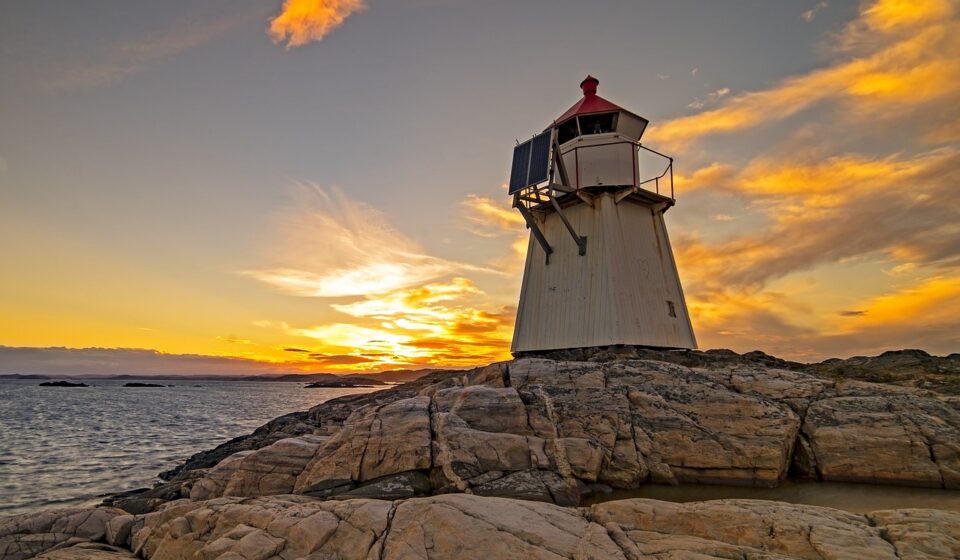 lighthouse, ocean, sunset, coast, marine, sea, navigation, nature, solarpanel, architecture, solar, panel, energy, brown energy