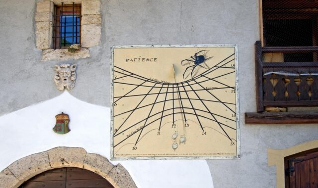 sundial, solar clock, house, architecture, facade, mural, painting, spider, spiderweb, traditional home, door