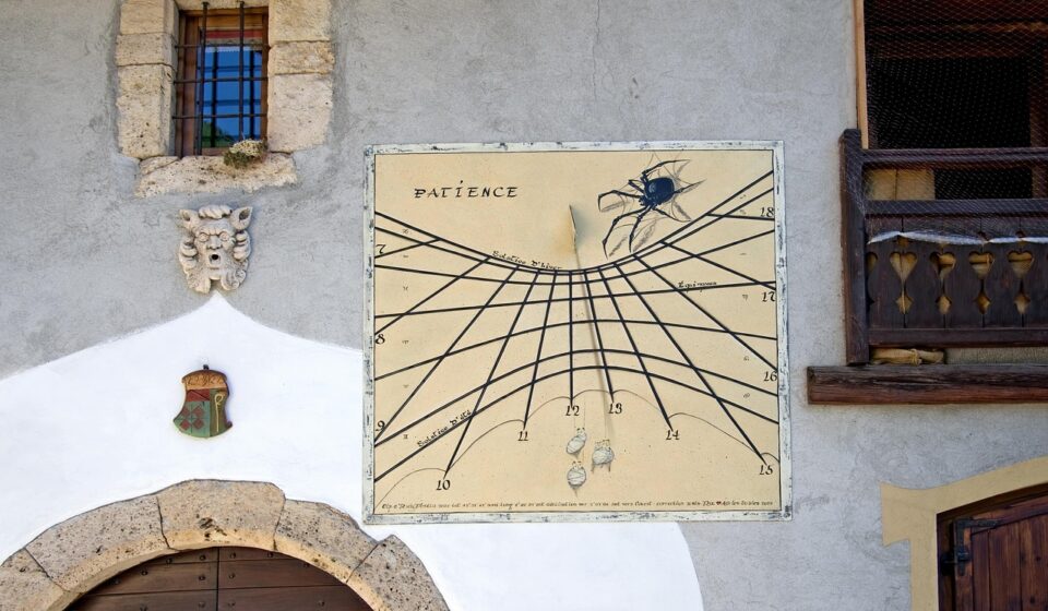 sundial, solar clock, house, architecture, facade, mural, painting, spider, spiderweb, traditional home, door