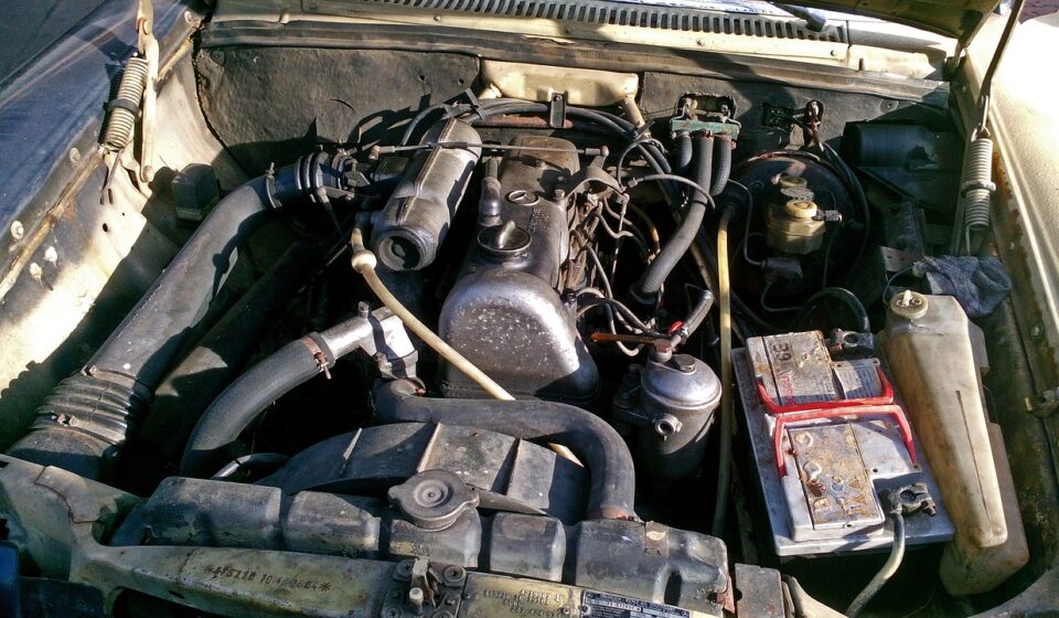 car engine, engine compartment, old, dirty, iron, decay, scrap metal, corrosion, battery