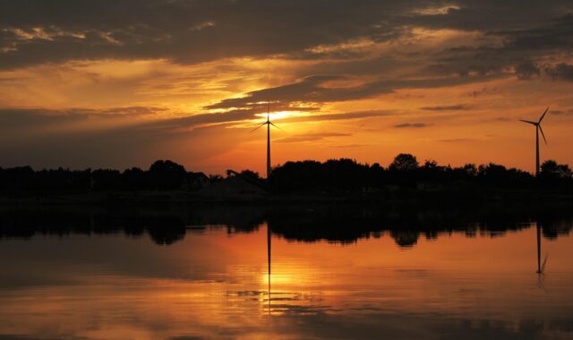sunset, water, lake, reflection, clouds, trees, sun, energy sources, nature, landscape, wind turbine