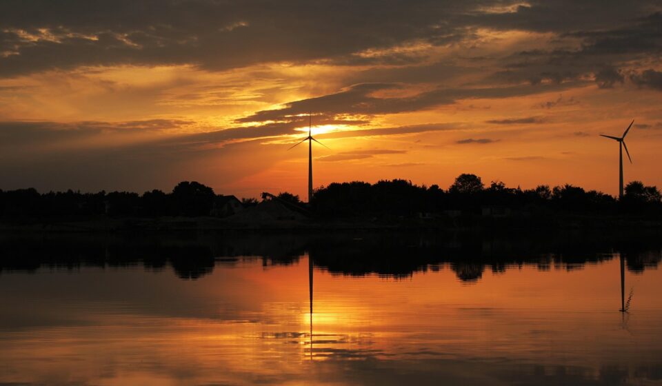 sunset, water, lake, reflection, clouds, trees, sun, energy sources, nature, landscape, wind turbine