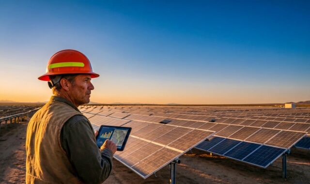 ai generated, solar panels, renewable energy, technology, sustainability, engineer, solar farm, clean energy, work environment, tablet, climate change, eco-friendly, energy efficiency, outdoor, industry, high-tech, energy technology, assistant, electronic device, digitalization