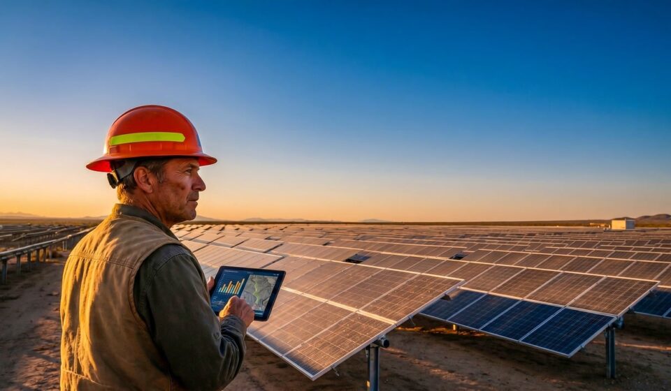 ai generated, solar panels, renewable energy, technology, sustainability, engineer, solar farm, clean energy, work environment, tablet, climate change, eco-friendly, energy efficiency, outdoor, industry, high-tech, energy technology, assistant, electronic device, digitalization