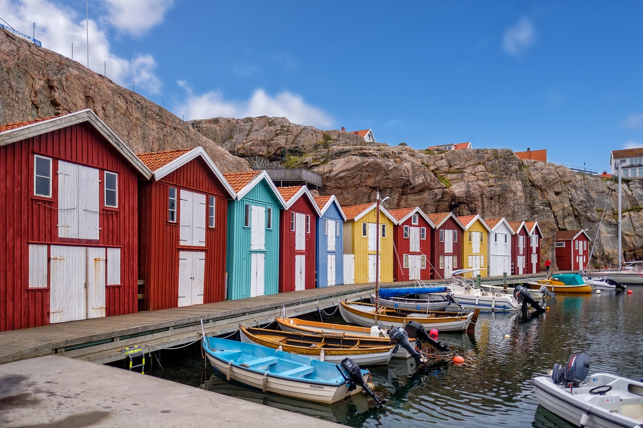 fisherman's hut, hut, house, woodhouse, sweden house, boats, water, sea, lake, rock, stony, nature, scandinavia