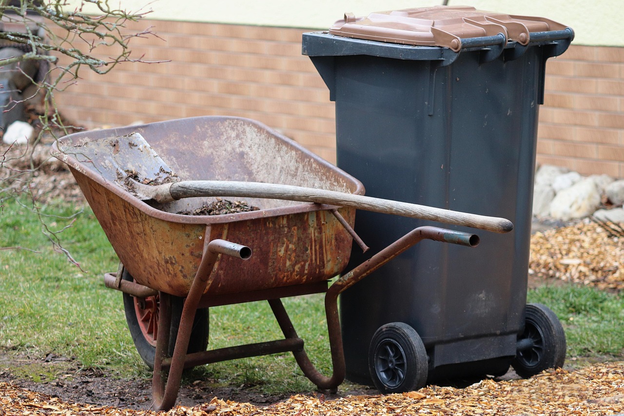gardening, nature, wheelbarrows, shovel, garbage can, garden, tool, working device, garden tools, equipment, winter, clean, clean up, landscaping, tools, work, maintenance, court